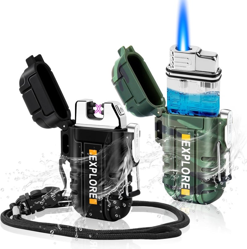LCFUN 2 Pack Waterproof Lighter Outdoors Hunting Gear, Windproof Electric USB Rechargeable Dual Arc Plasma Lighter, Refillable Butane Torch Lighters, Tactical Survival Camping Hiking Gadgets for Men - Image 1